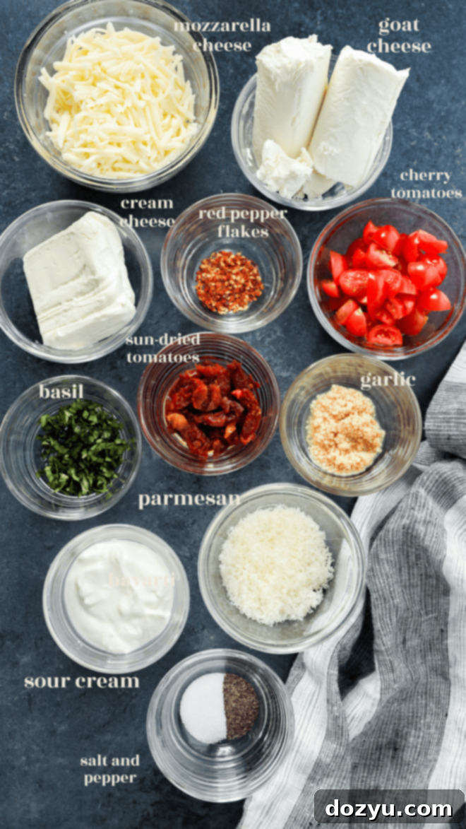 Warm Goat Cheese Dip 3 baked goat cheese appetizer dip ingredients in bowls with text labels
