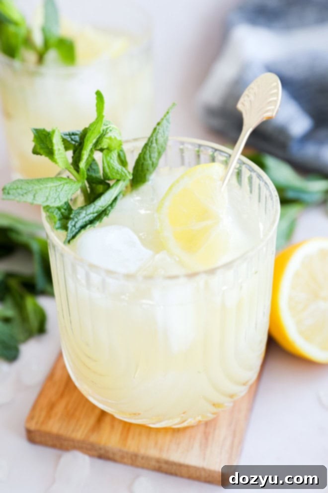 Refreshing Bourbon Smash 6 bourbon smash in cocktail glass with fresh lemon and mint