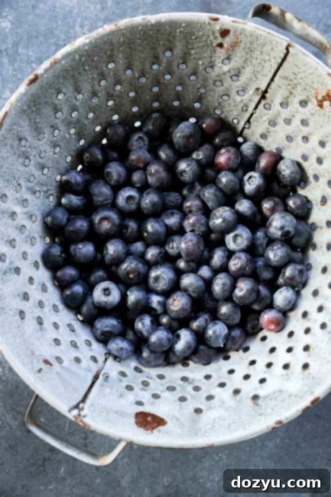 Blueberry Mojito Magic 3 Fresh, juicy blueberries in a colander, glistening with water after being washed, ready for making mojitos.