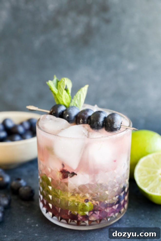 Blueberry Mojito Magic 6 A single vibrant Blueberry Mojito cocktail garnished with fresh mint, lime, and blueberries, showcasing its beautiful color and refreshing appeal.