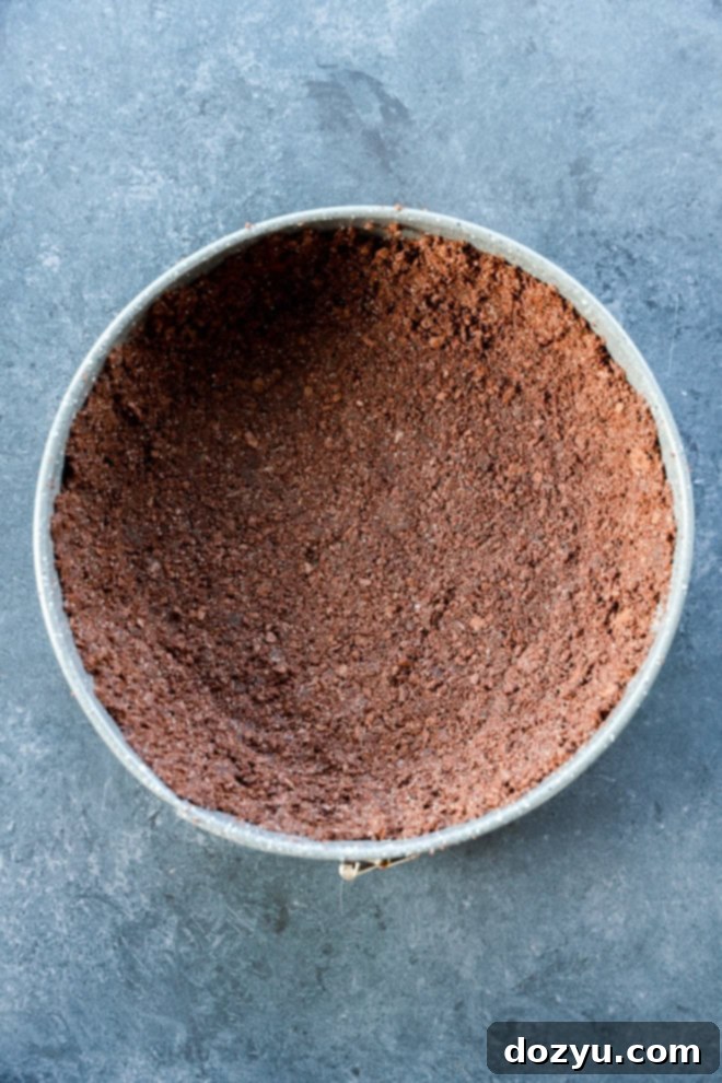 Decadent Baileys Cheesecake 5 A chocolate graham cracker crust firmly pressed into a 9-inch springform pan, ready for its initial bake.