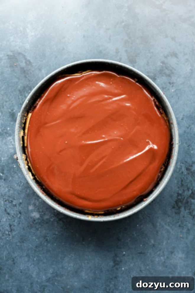 Decadent Baileys Cheesecake 8 The Baileys cheesecake, topped with its glossy ganache, still in the springform pan and cooling before being chilled.