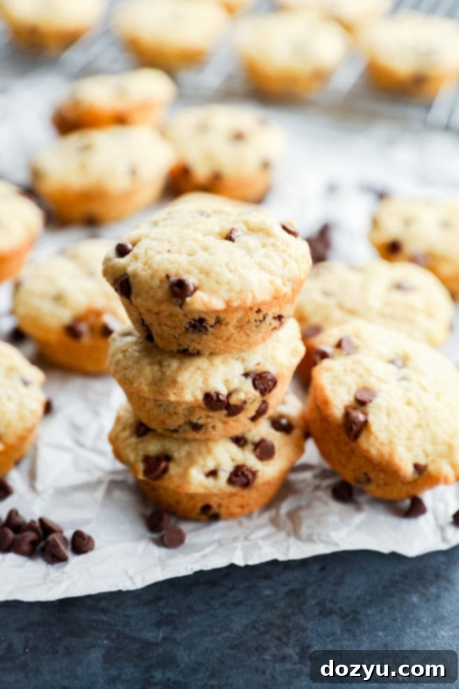 Irresistible Mini Chocolate Chip Bites 2 stacked up baked treats on parchment paper