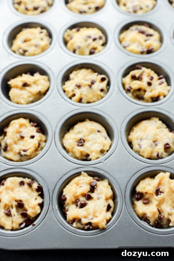 Irresistible Mini Chocolate Chip Bites 8 mini chocolate chip muffins batter in muffin tin