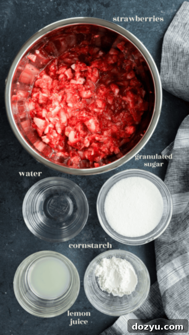 Luscious Strawberry Filling 3 strawberry filling ingredients in bowls with text labels