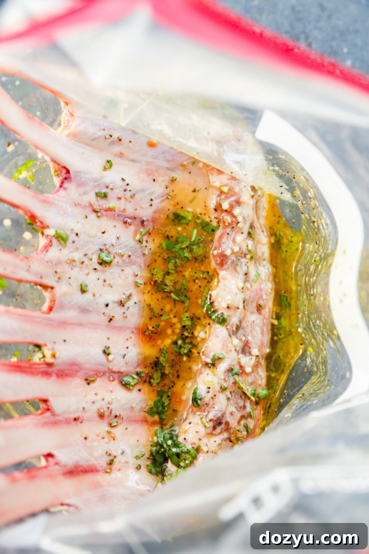Succulent Lamb Marinade 9 Meat in a bag with herbs and oil, ready to marinate for a juicy finish