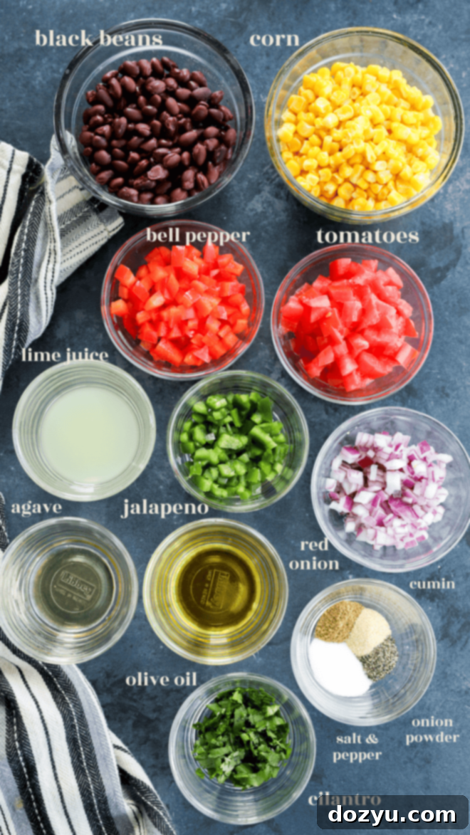 Fiesta Black Bean Corn Dip 3 Black bean corn salsa dip ingredients in bowls with text labels