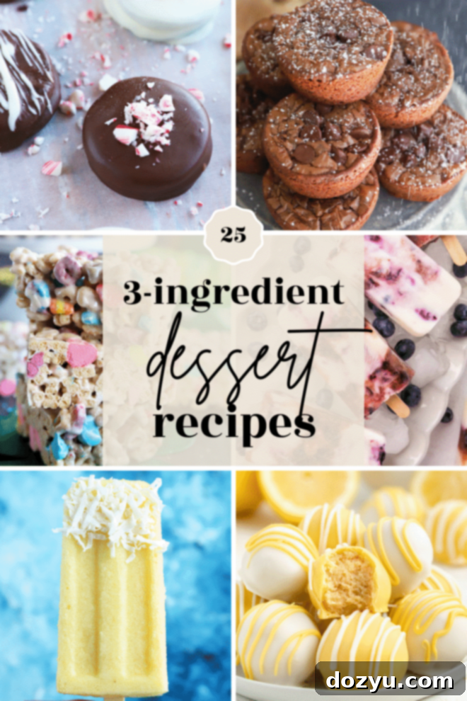 Effortless 3-Ingredient Delights 2 A vibrant collage showcasing various 3-ingredient dessert recipes, including colorful popsicles, rich chocolate treats, and fruity bakes, perfect for Pinterest sharing.