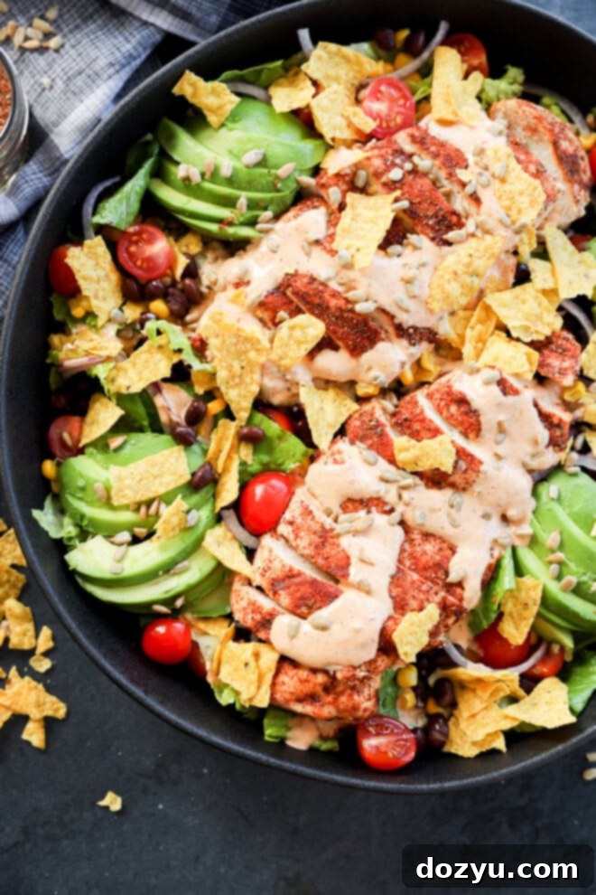 Fiesta Chicken Salad 2 Southwest Chicken Salad in a large black bowl with linen