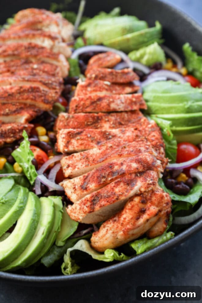 Fiesta Chicken Salad 5 grilled poultry on top of lettuce with sliced avocado