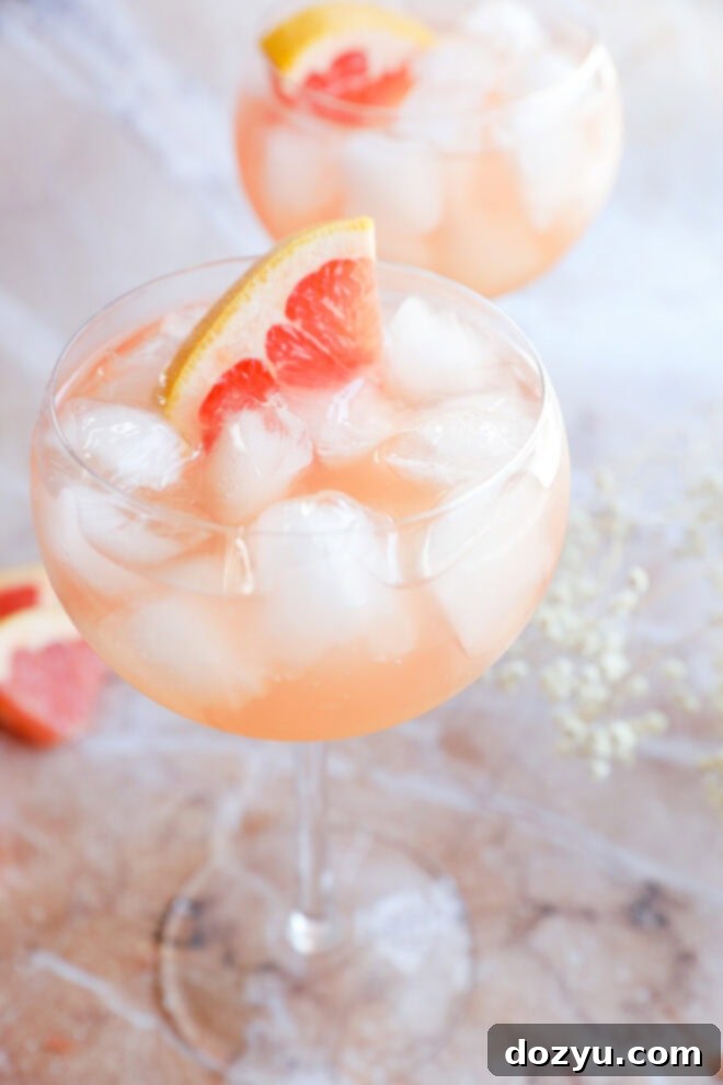 Rosé Elderflower Spritz 6 Rosé Elderflower Spritz Cocktail in glasses of ice with fresh fruit and baby's breath flowers