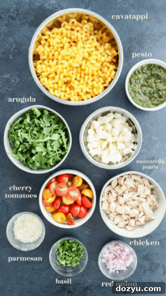 Zesty Pesto Chicken Pasta Salad 3 pesto chicken pasta salad ingredients in bowls with text labels