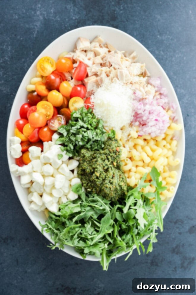 Zesty Pesto Chicken Pasta Salad 4 ingredients for pesto chicken pasta salad in a large serving bowl before mixing together