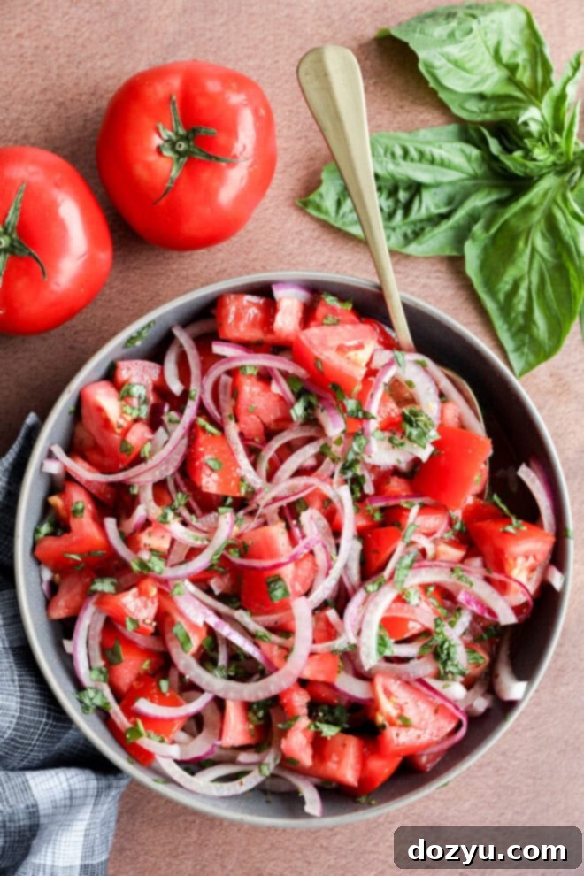 Zesty Tomato Onion Salad 2 fresh summery vegetarian side dish with bowls and fresh basil