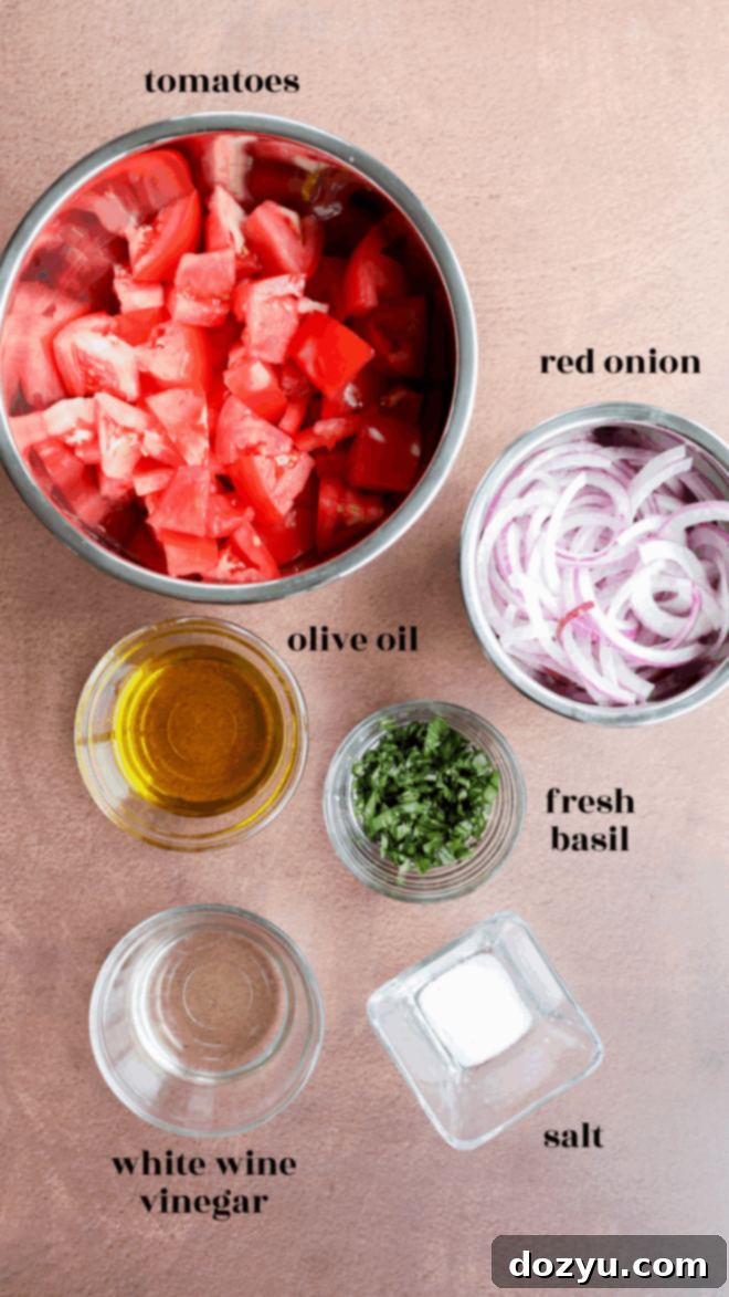 Zesty Tomato Onion Salad 3 Tomato onion salad ingredients in bowls with text labels