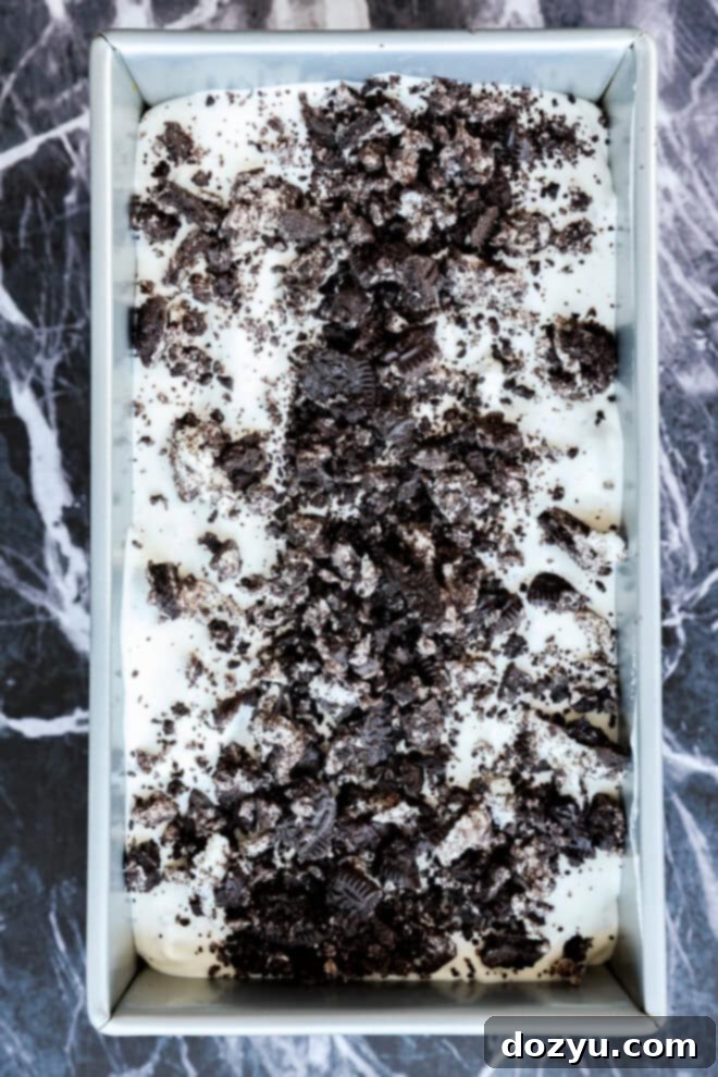 Ultimate Oreo Swirl Ice Cream 6 Oreo ice cream in loaf pan before freezing