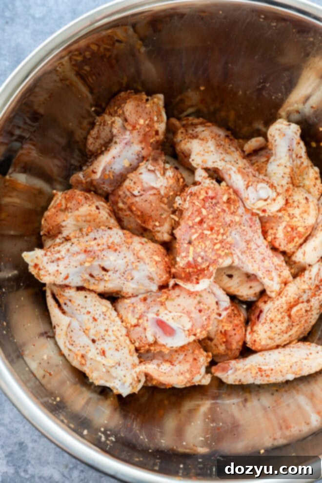 Foolproof Smoked Chicken Wings 4 Raw chicken wings seasoned with a BBQ rub in a large metal bowl, ready for the smoker.