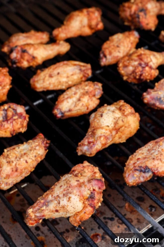 Foolproof Smoked Chicken Wings 6 Golden brown smoked chicken wings cooking on a smoker grate.