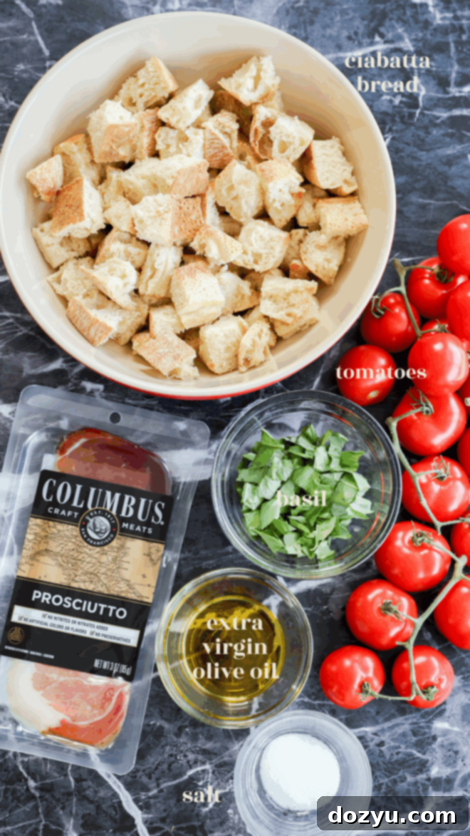 Tuscan Summer Bread Salad 3 Panzanella Toscana ingredients in bowls with text labels