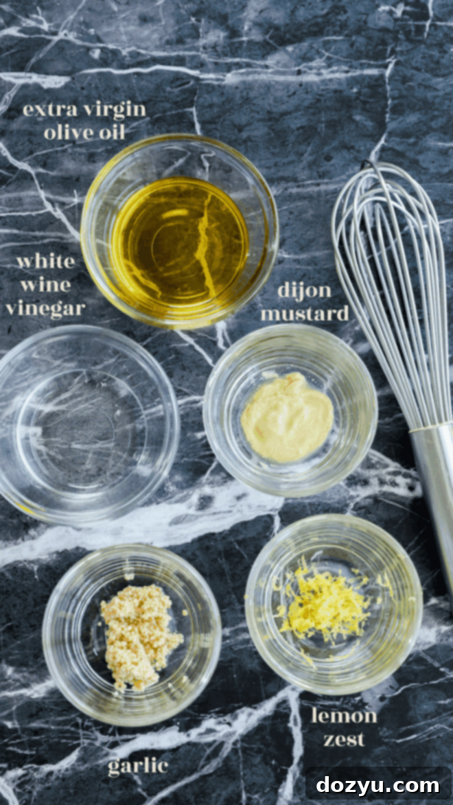 Tuscan Summer Bread Salad 4 easy 5 ingredient dressing ingredients in bowls with text labels