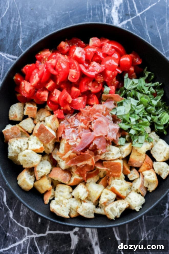 Tuscan Summer Bread Salad 9 Panzanella Toscana ingredients in serving bowl before tossing