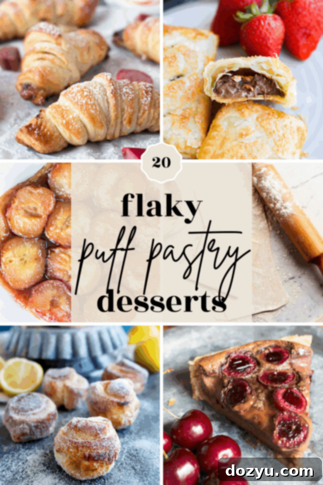 Puff Pastry Perfection: Irresistible Sweet Treats 2 A collage of various flaky puff pastry dessert recipes, including croissants, turnovers, fruit tarts, cinnamon rolls, and a cherry-topped tart, with the text 20 flaky puff pastry desserts in the center.