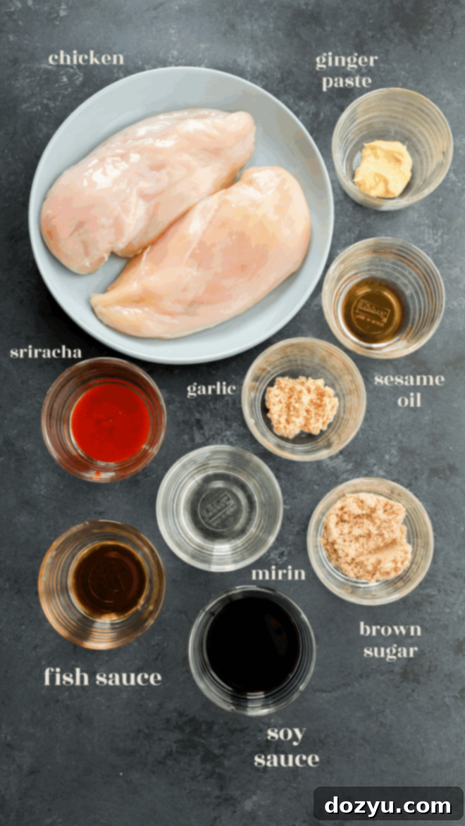 Savory Asian Chicken Marinade 3 Two raw chicken breasts on a plate, surrounded by bowls of ginger paste, sesame oil, brown sugar, soy sauce, mirin, fish sauce, garlic, and sriracha—everything you need for a flavorful Asian Chicken Marinade. Each ingredient is clearly labeled.