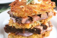 Gourmet Garlic Rosemary Steak and Potato Stacks with Red Wine Blue Cheese Sauce