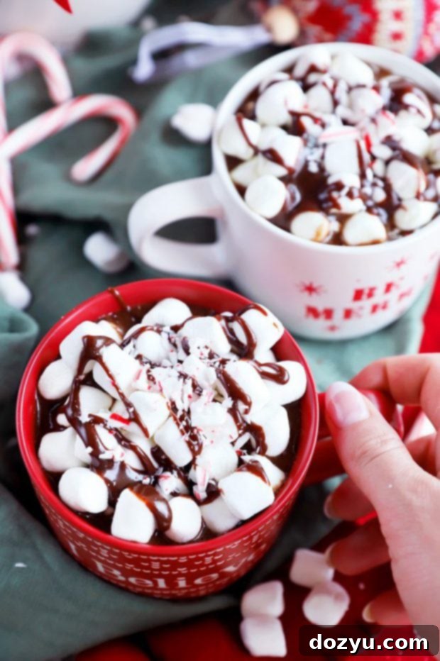 A hand warmly cradling a mug of rich slow cooker hot chocolate, adorned with a generous topping of mini marshmallows, creating a comforting winter scene.