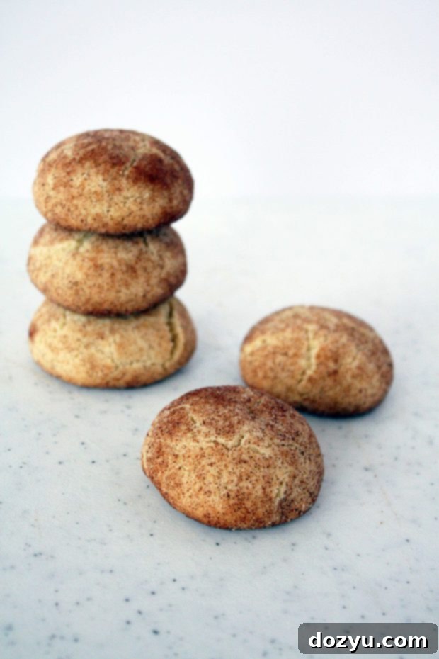 Close-up of a stack of brown butter snickerdoodles, showing their characteristic crinkled tops