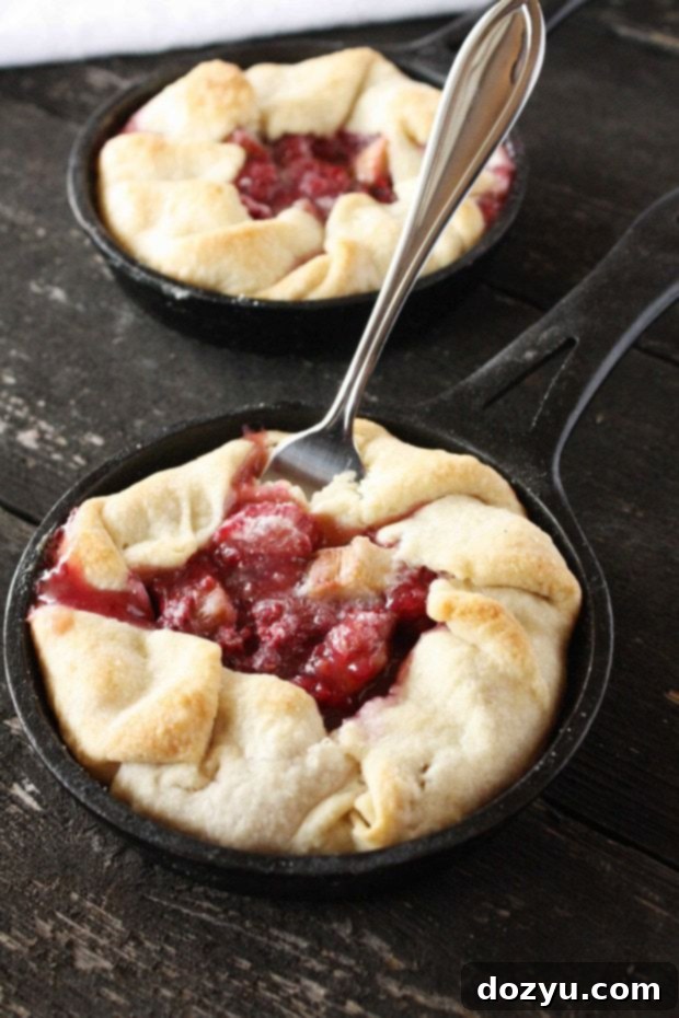 Close-up of a mini raspberry rhubarb tart in a cast iron skillet, golden brown and delicious