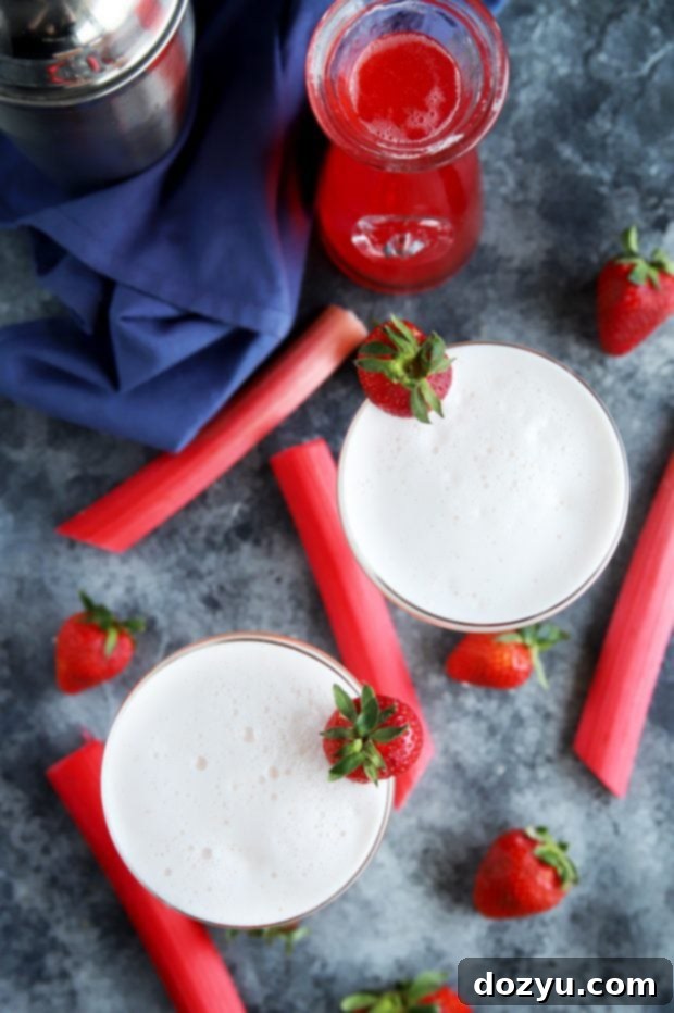 Two refreshing Strawberry Rhubarb Gin Fizz cocktails in elegant coupe glasses.
