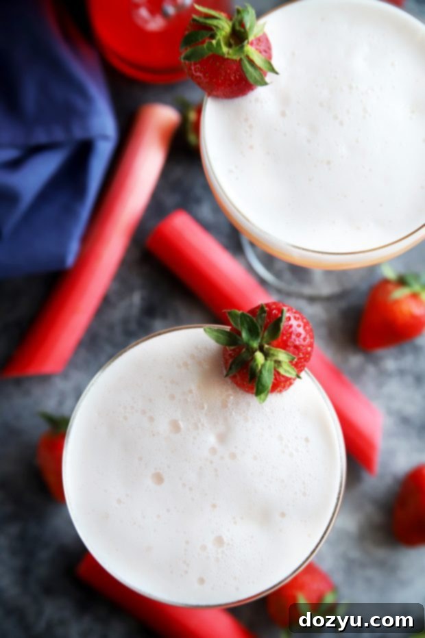 Pair of homemade Strawberry Rhubarb Gin Fizz cocktails, ready to be enjoyed during happy hour.