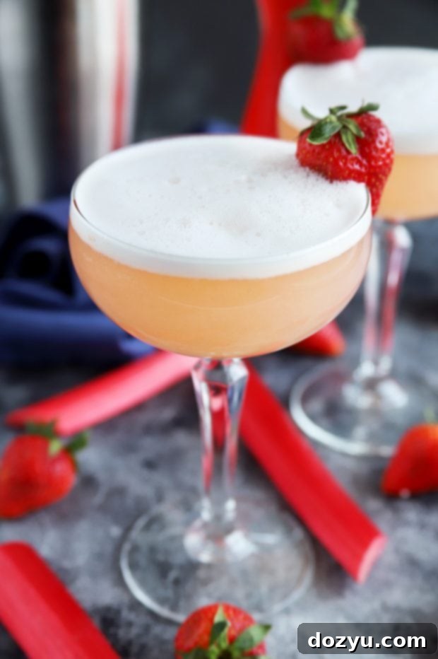 Single Strawberry Rhubarb Gin Fizz cocktail, highlighting the exquisite presentation and frothy head.