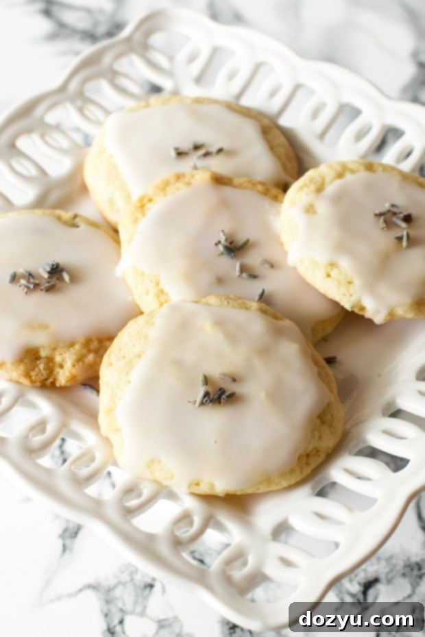 Golden lavender cookies glazed and sprinkled with edible dried lavender, arranged neatly on a white serving platter.