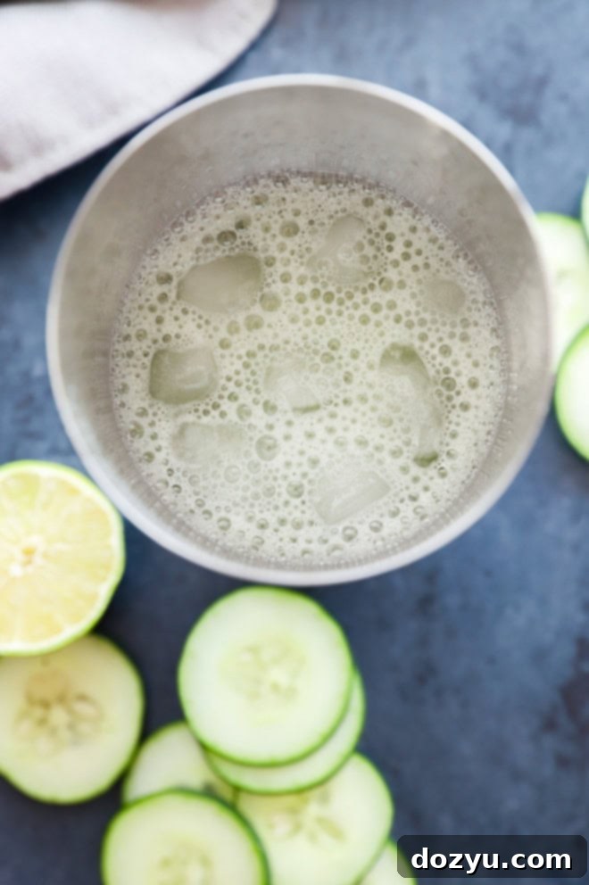 Verdant Margarita 3 making a cucumber margarita in a cocktail shaker with fresh cucumber slices