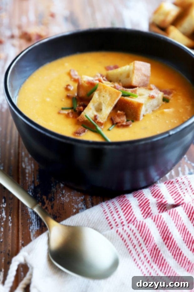 Side photo of soup with bacon fat croutons