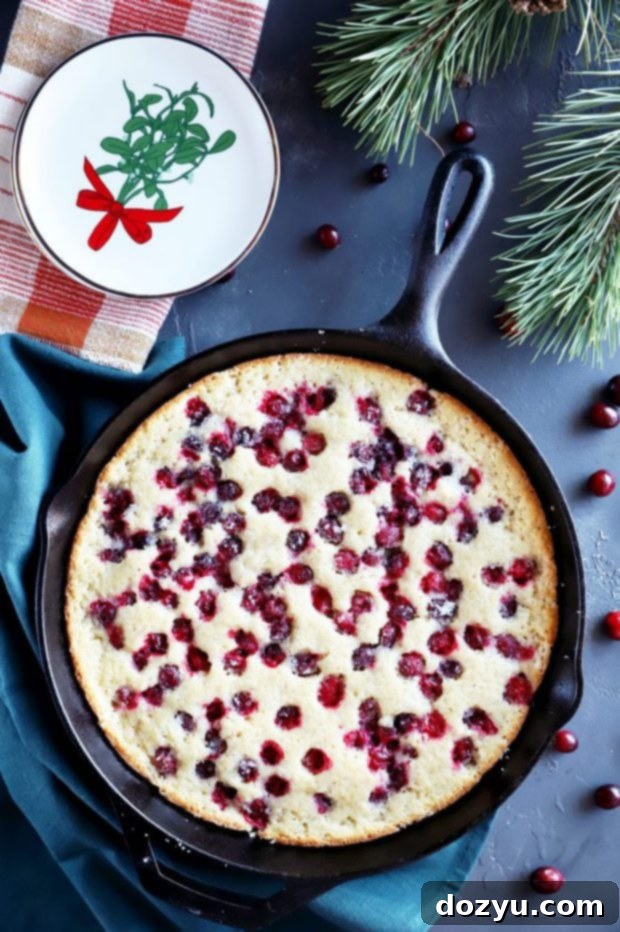 Yuletide Cranberry Cobbler 2 Overhead photo of Christmas Cranberry Cobbler in a skillet, ready for breakfast.