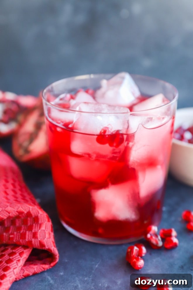 Close-up of a Pomegranate Negroni cocktail, showcasing the rich red hue and garnished with a slice of citrus and fresh pomegranate seeds.