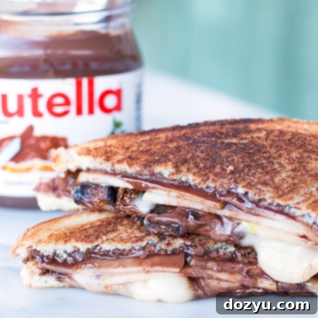 Detailed view of a Grilled Nutella, Brie, Pear & Fig Sandwich for the recipe card.