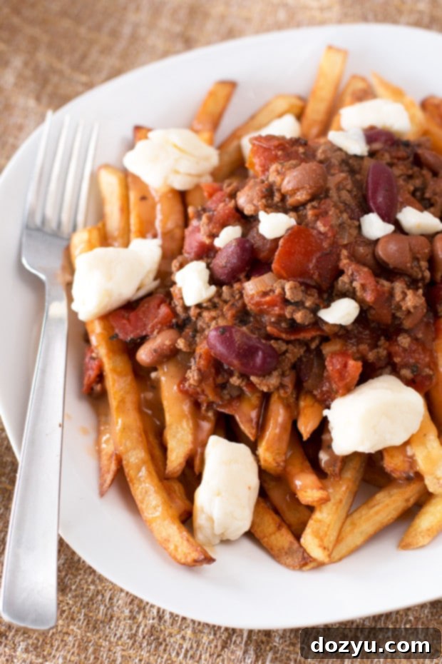Rich Black Porter Chili Poutine featuring golden fries, melted cheese curds, and savory chili, perfect for comfort food enthusiasts. | cakenknife.com
