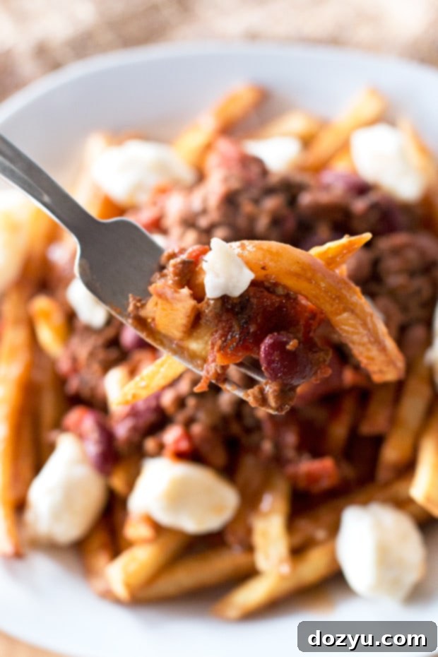 A bowl of Black Porter Chili Poutine ready to be eaten, emphasizing its appetizing layers. | cakenknife.com
