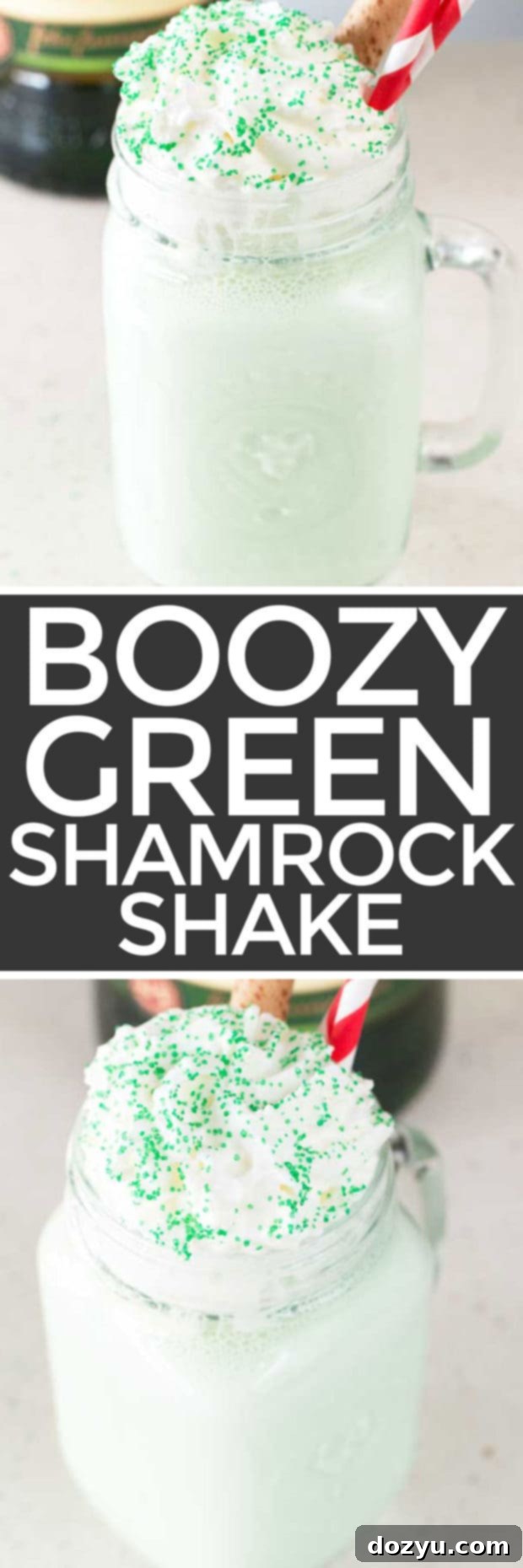Pinterest graphic for Boozy Green Shamrock Shake recipe with festive decorations