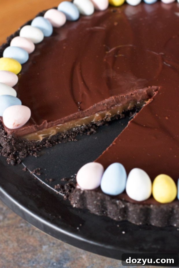 Close-up of a perfectly baked Chocolate Bourbon Caramel Tart