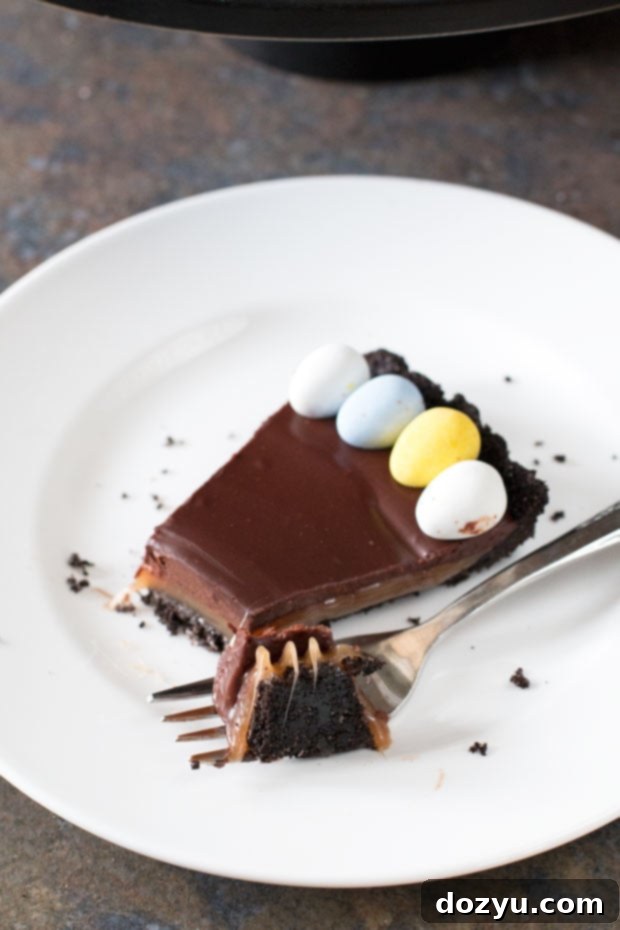 Artfully decorated Chocolate Bourbon Caramel Tart