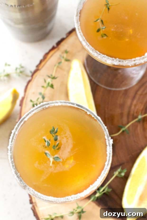 Ingredients for Lemon Thyme Sidecar: lemon, thyme, cognac, and triple sec