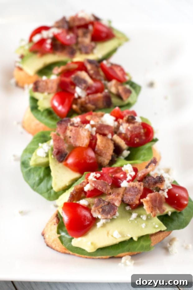 Crispy BLAT Crostini with Zesty Blue Cheese 3 Close-up of crispy BLAT Blue Cheese Crostini, ready to be served.