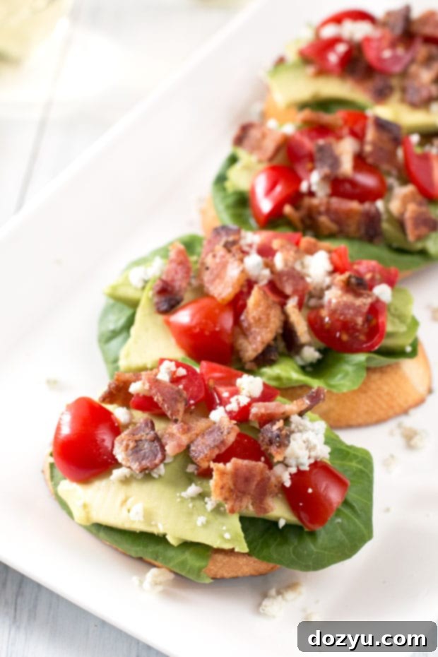 BLAT Blue Cheese Crostini appetizer with fresh ingredients.