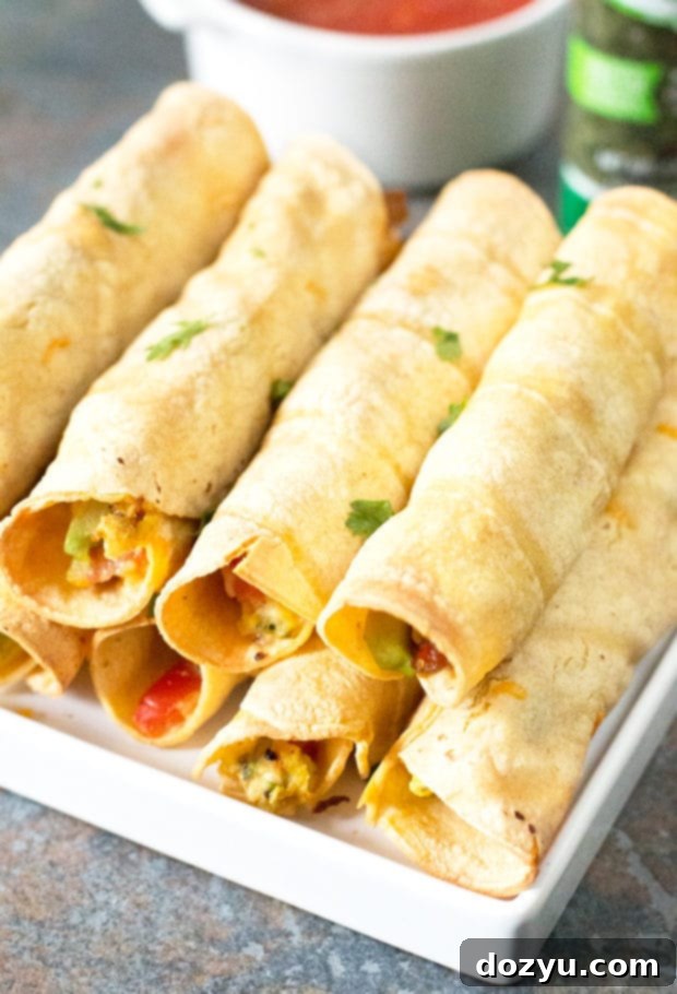 Sunrise Roll-ups 2 Golden brown breakfast taquitos served with salsa and sour cream on a white plate