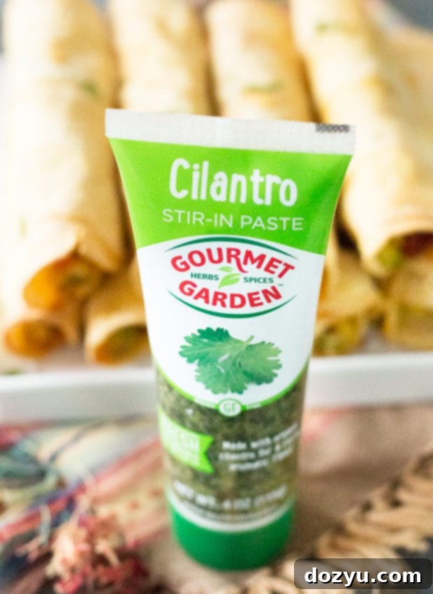 Sunrise Roll-ups 5 Gourmet Garden Cilantro Paste tube next to fresh cilantro